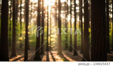 Sunlight shining through dense pine forest trees. Sunlight shining through dense pine forest trees. 130025837
