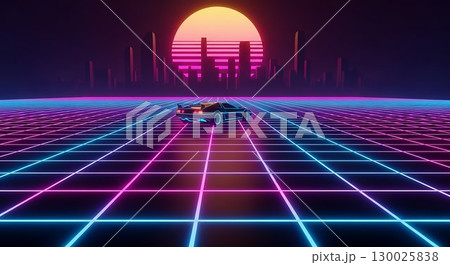 Retro neon sunset over a futuristic grid horizon. Retro neon sunset over a futuristic grid horizon. 130025838