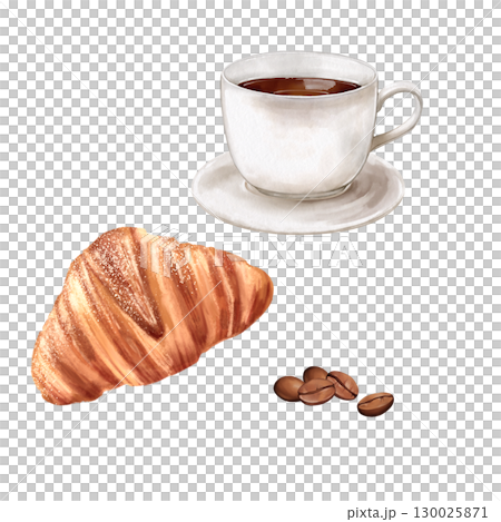Hand-drawn illustration of a breakfast set including a croissant, a cup of coffee on a saucer, and coffee beans Hand-drawn illustration of a breakfast set including a croissant, a cup of coffee on a saucer, and coffee beans 130025871
