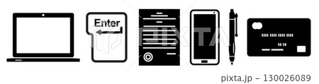 Set of Business objects, such as: laptop, keyboard Enter key, document, smart phone, business pen and credit card, on transparent background, flat line design, vector illustration Set of Business objects, such as: laptop, keyboard Enter key, document, smart phone, business pen and credit card, on transparent background, flat line design, vector illustration 130026089