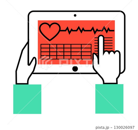 Hands holds a medical tablet pc icon, on transparent background, flat line design, vector illustration 130026097