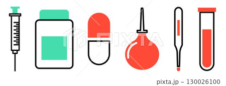 Set of Medical tools objects, such as: syringe, pills bottle, drug pill, enema, thermometer and test tube, on transparent background, flat line design, vector illustration 130026100