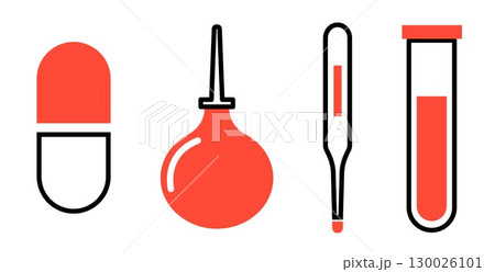 Set of Medical tools objects, such as: drug pill, enema, thermometer and test tube, on transparent background, flat line design, vector illustration 130026101