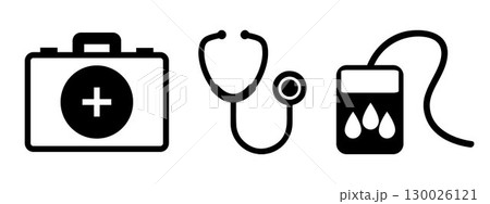 Set of medical tools icons, such as: first aid bag, stethoscope and bolood tester, on transparent background, flat line design, vector illustration Set of medical tools icons, such as: first aid bag, stethoscope and bolood tester, on transparent background, flat line design, vector illustration 130026121