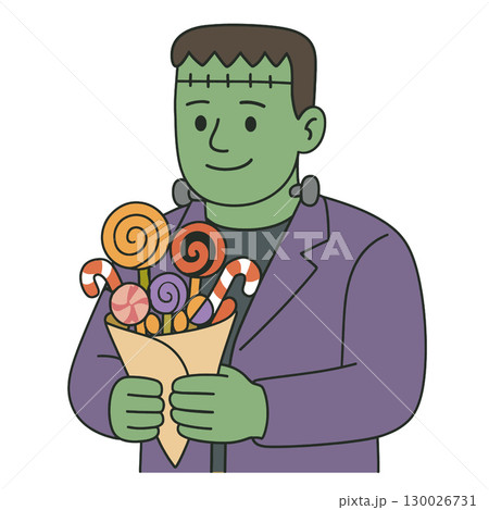 Coloring book coloring page transparency features green monster holding bouquet of candy with joy Coloring book coloring page transparency features green monster holding bouquet of candy with joy 130026731