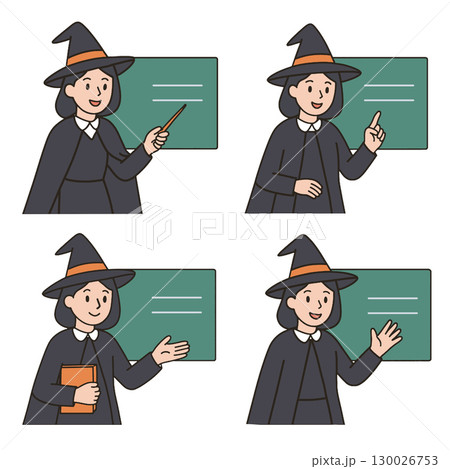 Coloring book coloring page transparency witch teacher cartoon female magic hat chalkboard 130026753