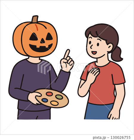 Coloring book coloring page transparency pumpkin head person talking with woman 130026755