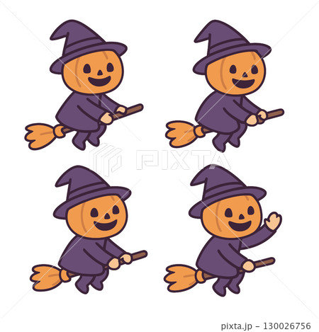 Coloring book coloring page transparency pumpkin character witch hat broomstick flying 130026756