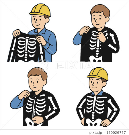 Man worker skeleton costume illustration cartoon smiling changing outfit Halloween 130026757