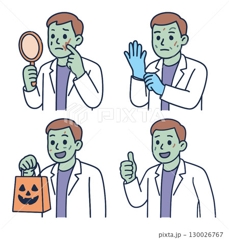 Man doctor white coat acne glove mirror Halloween pumpkin happy thumbs up 130026767