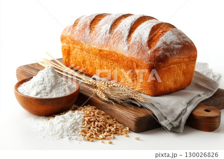 French loaf bread on a wooden cutting board, flour and wheats isolated on white background. Assortment of baked bread. Fresh Bread Variety Still Life. Food concept. Clean eating, diet and detox 130026826