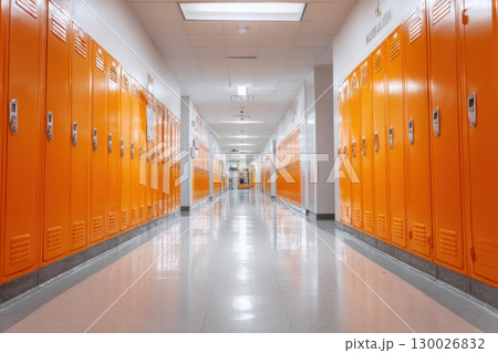 Empty school hallway and lockers with tiled floor. Long corridor in a high school with a rows of traditional metal orange lockers on both sides of the wall. Vivid bright colors. Interior no people 130026832