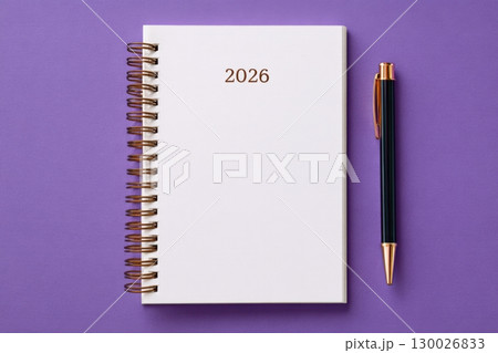 Empty notebook 2026. Purple color background. Blank Greeting Card, Invitation. Minimal Flier Design. Back to life, goal list concept. Resolutions, plan, goals, checklist idea. Top view. New Year 130026833
