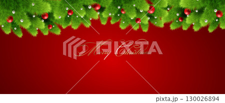 Pine tree branch border vector illustration. Fir twigs with green needles. Winter holiday evergreen decoration Pine tree branch border vector illustration. Fir twigs with green needles. Winter holiday evergreen decoration 130026894