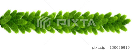 Pine tree branch border vector illustration. Fir twigs with green needles. Winter holiday evergreen decoration 130026919