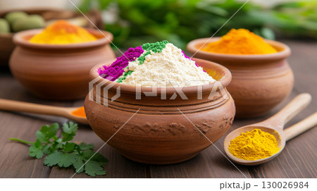 Colorful traditional holi powder in bowls. festival of colours. AI Generated. 130026984