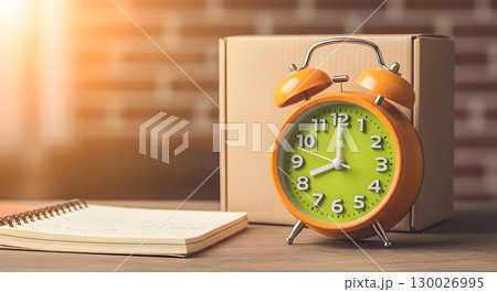 An orange alarm clock sits with a box and notepad, indicating time-sensitive tasks or schedules. An orange alarm clock sits with a box and notepad, indicating time-sensitive tasks or schedules. 130026995