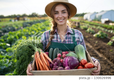 Woman holding crate full of fresh vegetables. Harvest box. Farmer Holding Crate Of Freshly Harvested Veggie. Cropped. Farming for supply chain or agro business. Farmer, seller or supplier. Gardening 130026996