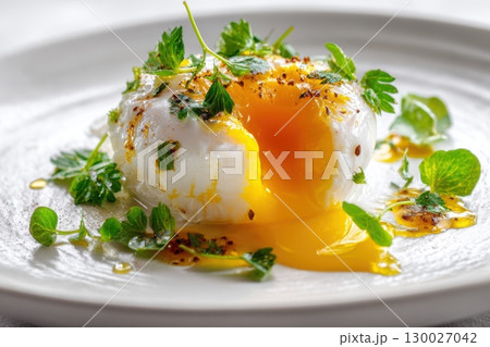Poached egg on a white background. Close up of Eggs Benedict with liquid egg yolk running out. healthy breakfast. Close-up, macro. High key, studio. Delicious eggs served on a plate with fresh herbs Poached egg on a white background. Close up of Eggs Benedict with liquid egg yolk running out. healthy breakfast. Close-up, macro. High key, studio. Delicious eggs served on a plate with fresh herbs 130027042
