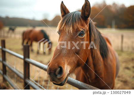 フェンス越しに見つめる茶色い馬 フェンス越しに見つめる茶色い馬 130027049