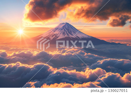 雲海に浮かぶ富士山と朝焼けの絶景 130027051