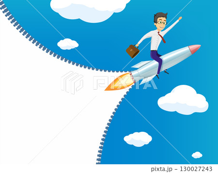 Businessman with briefcase flying on rocket 130027243