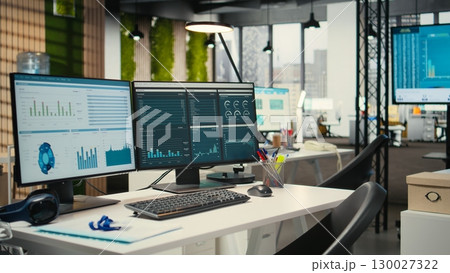 Empty business office is equipped with resources and dual monitors, digital tools for forecasting and report writing. Business strategy development for efficiency and performance. 130027322