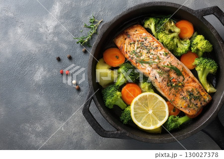 Steamed fish with with broccoli, carrot hot black pan. Baked salmon gray background. Paleo, keto, lshf, or dash diet. Fish and vegetables. Oven dish, gluten free, clean eating, balanced healthy food. 130027378