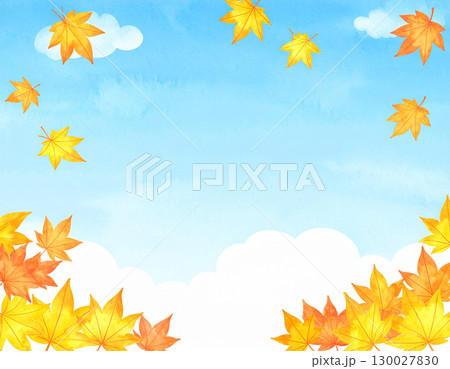 もこもこの雲が浮かぶ青空背景に紅葉とどんぐりのフレームにリスが顔を覗かせる可愛らしいフレーム 130027830