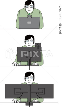 コンピューターで仕事するビジネスマン。デスクトップ、ノートパソコンと男性の上半身のイラスト 130028246