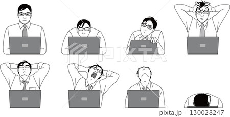 コンピューターで仕事するビジネスマン。ノートパソコンと男性の上半身のイラスト 130028247