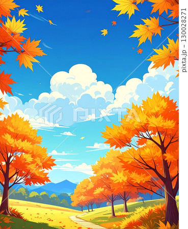 秋晴れの青空に雲が浮かび紅葉の間を風が通り過ぎる自然あふれる地平線が美しい風景 130028271