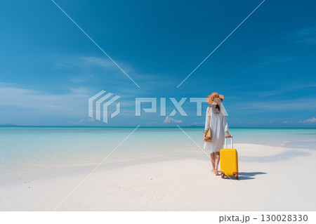 Happy Beautiful Woman Enjoying Summer Beach Vacation with Travel Luggage 130028330
