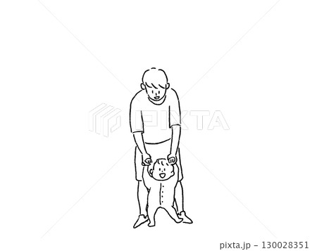 お父さんの手を取って立つ赤ちゃん、よちよち歩き、家族、線画 お父さんの手を取って立つ赤ちゃん、よちよち歩き、家族、線画 130028351