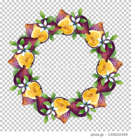 Wreath of figs, lemon leaves and flowers. Watercolor of fruits and leaves isolated on a white background. Good for postcards, recipes, menu, invitations, greeting cards Wreath of figs, lemon leaves and flowers. Watercolor of fruits and leaves isolated on a white background. Good for postcards, recipes, menu, invitations, greeting cards 130028384