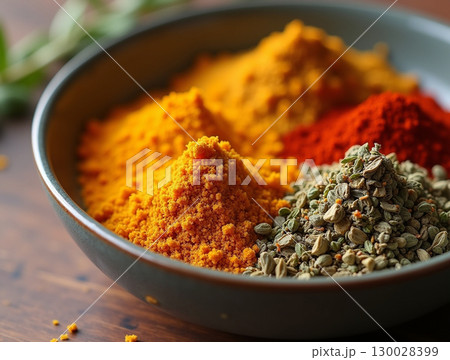 Close Up Culinary Colorful Spice Assortment in a Bowl Ingredient Food Close Up Culinary Colorful Spice Assortment in a Bowl Ingredient Food 130028399