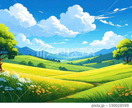 広がる草原の丘と奥に山が連なる青空には雲が浮かび光が降り注ぐ壮大な風景 広がる草原の丘と奥に山が連なる青空には雲が浮かび光が降り注ぐ壮大な風景 130028599