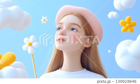 Cartoonish 3d girl character with long hair wearing a pink beret, holding a flower, surrounded by clouds and flowers against a blue background 130028646