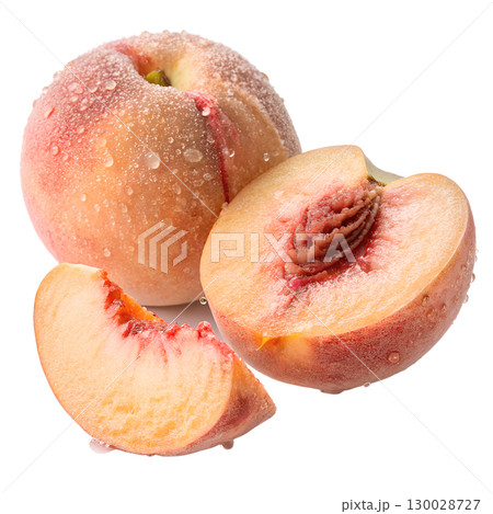 Ripe peach with dewdrops isolated on transparent background 130028727
