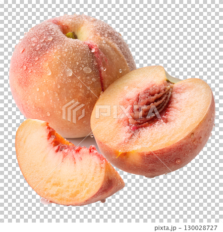 Ripe peach with dewdrops isolated on transparent background 130028727