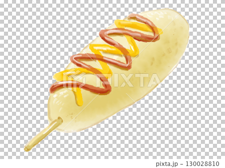 Hand-drawn watercolor illustration of a corn dog with ketchup and mustard Hand-drawn watercolor illustration of a corn dog with ketchup and mustard 130028810