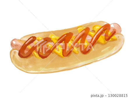 ケチャップとマスタードのかかった美味しそうなホットドッグの手描き水彩イラスト 130028815