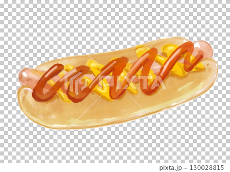 ケチャップとマスタードのかかった美味しそうなホットドッグの手描き水彩イラスト 130028815