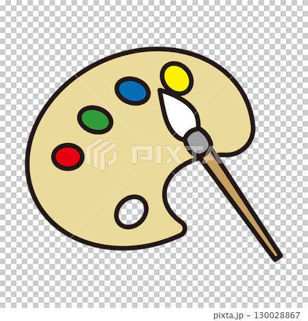 シンプルな絵の具の乗ったパレットと絵筆のイラスト シンプルな絵の具の乗ったパレットと絵筆のイラスト 130028867