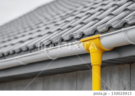 Contemporary Gutter Installed on a Residential House Roof to Enhance Functionality. Clean well maintained rain gutter system. Roof architecture effectively. Polymer storm drainage. Home architectural 130028913