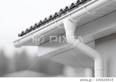 Contemporary Gutter Installed on a Residential House Roof to Enhance Functionality. Clean well maintained rain gutter system. Roof architecture effectively. Polymer storm drainage. Home architectural 130028914