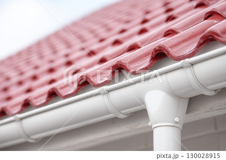 Contemporary Gutter Installed on a Residential House Roof to Enhance Functionality. Clean well maintained rain gutter system. Roof architecture effectively. Polymer storm drainage. Home architectural 130028915