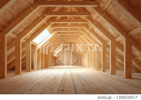 Attic interior of an off-frame construction house with wooden beams and a gable roof structure. Newly constructed A-frame wood attic with beams and unfinished walls. Newly-built buildings, or homes. 130028917
