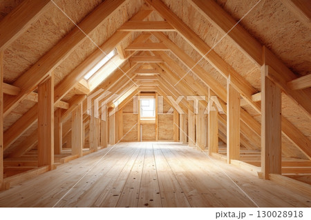 Attic interior of an off-frame construction house with wooden beams and a gable roof structure. Newly constructed A-frame wood attic with beams and unfinished walls. Newly-built buildings, or homes. 130028918