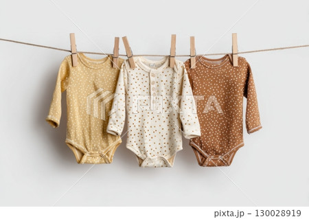 Baby onesie set on a light background. Fashion newborn clothes. Flat lay, top view. Baby kids soft clothing made from organic cotton. Infant trendy bodysuit natural colors, earth tones. Gender neutral 130028919